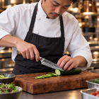 A Japanese chef using the Hagane Utility Knife on a wooden cutting board in a professional kitchen