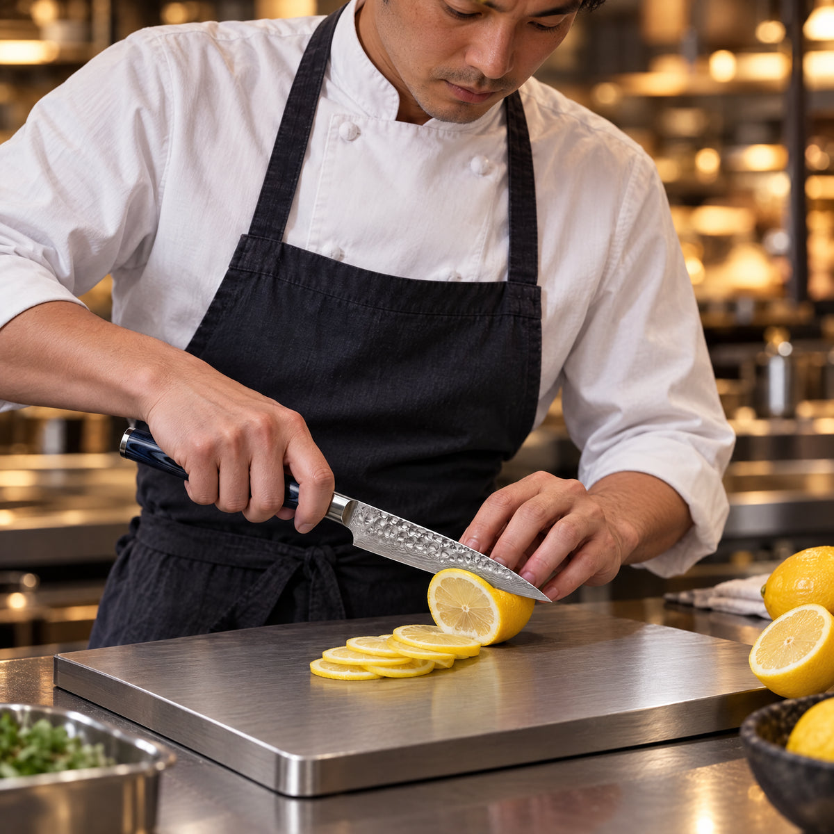 A Japanese chef using the Genkai Utility Knife on a titanium cutting board in a professional kitchen