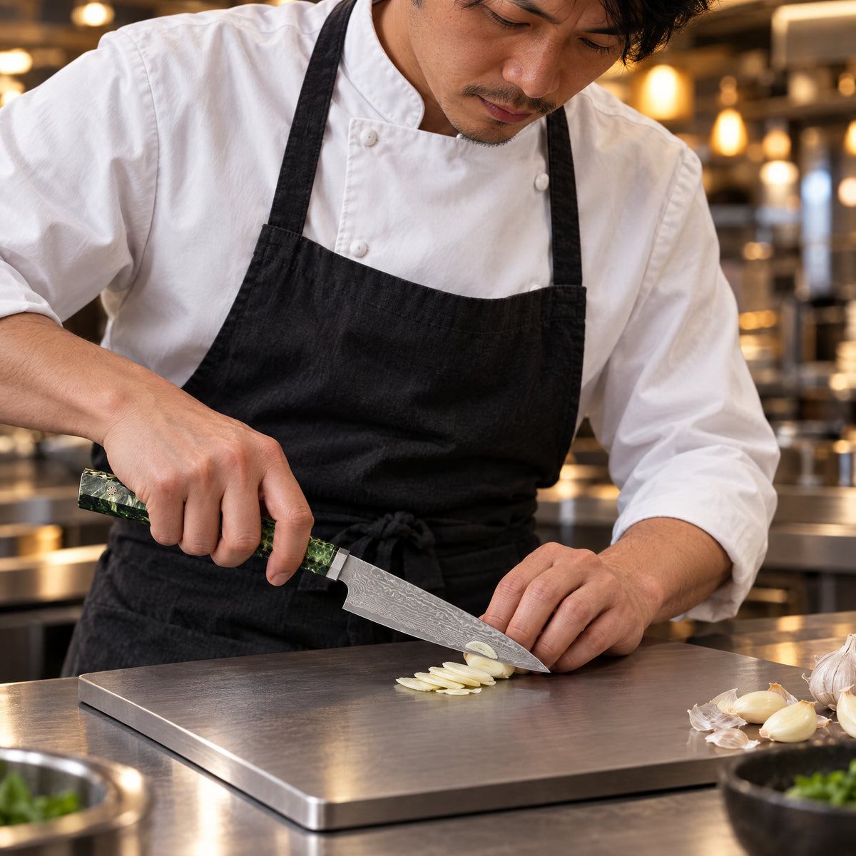A Japanese chef using the Ibuki Utility Knife on a titanium cutting board in a professional kitchen