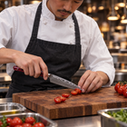 A Japanese chef using the Kurenai Utility Knife on a wooden cutting board in a professional kitchen