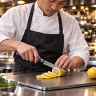 A Japanese chef using the Seiryu Utility Knife on a titanium cutting board in a professional kitchen