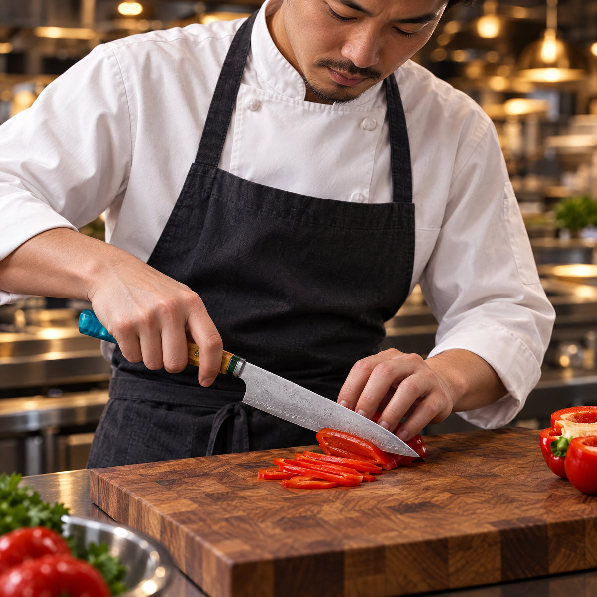 A Japanese chef using the Suijin Utility Knife on a wooden cutting board in a professional kitchen