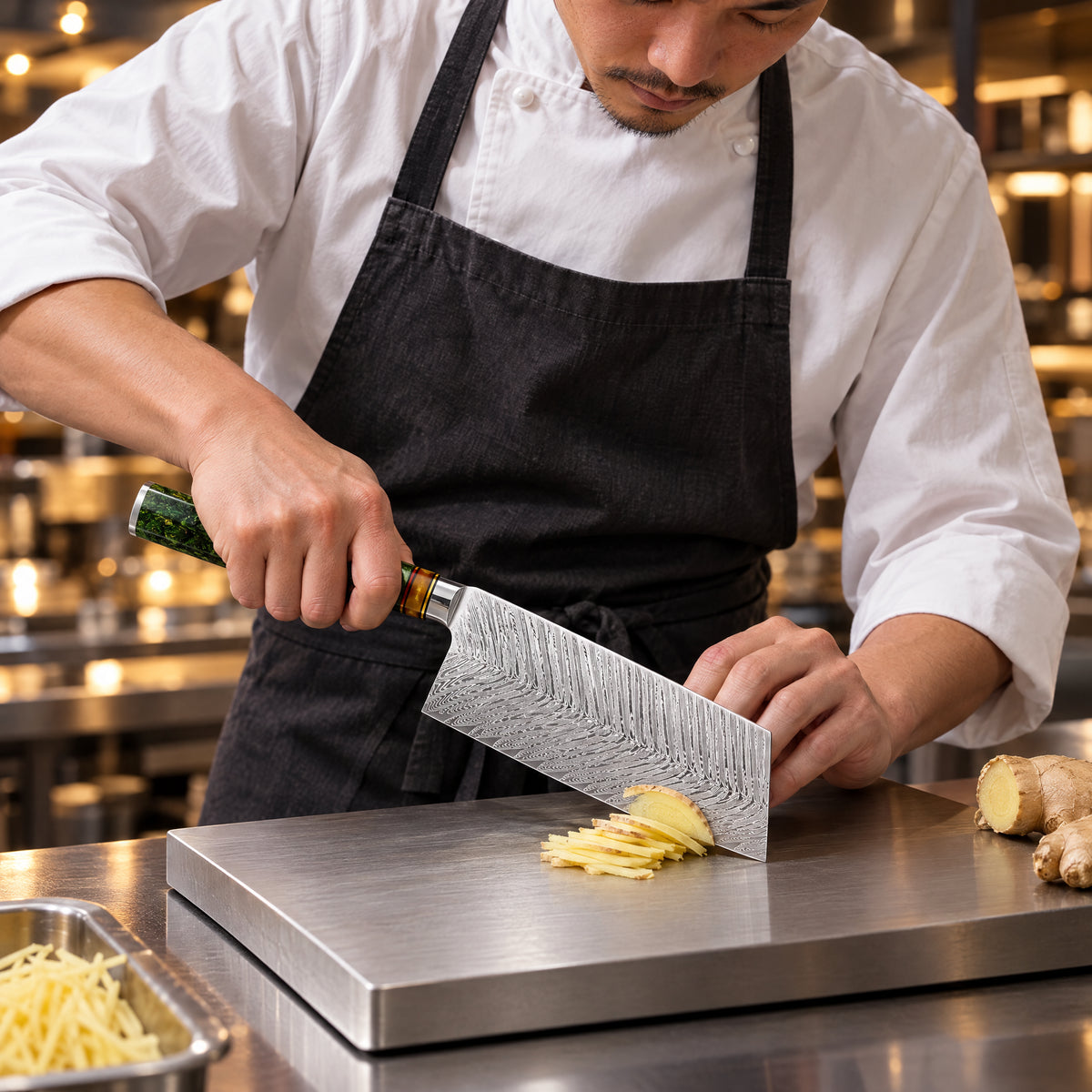 A Japanese chef using the Daigo Vegetable Cleaver Knife on a titanium cutting board in a professional kitchen