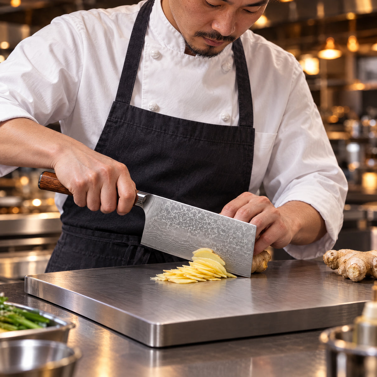 A Japanese chef using the Katsura Slicing Cleaver on a titanium cutting board in a professional kitchen