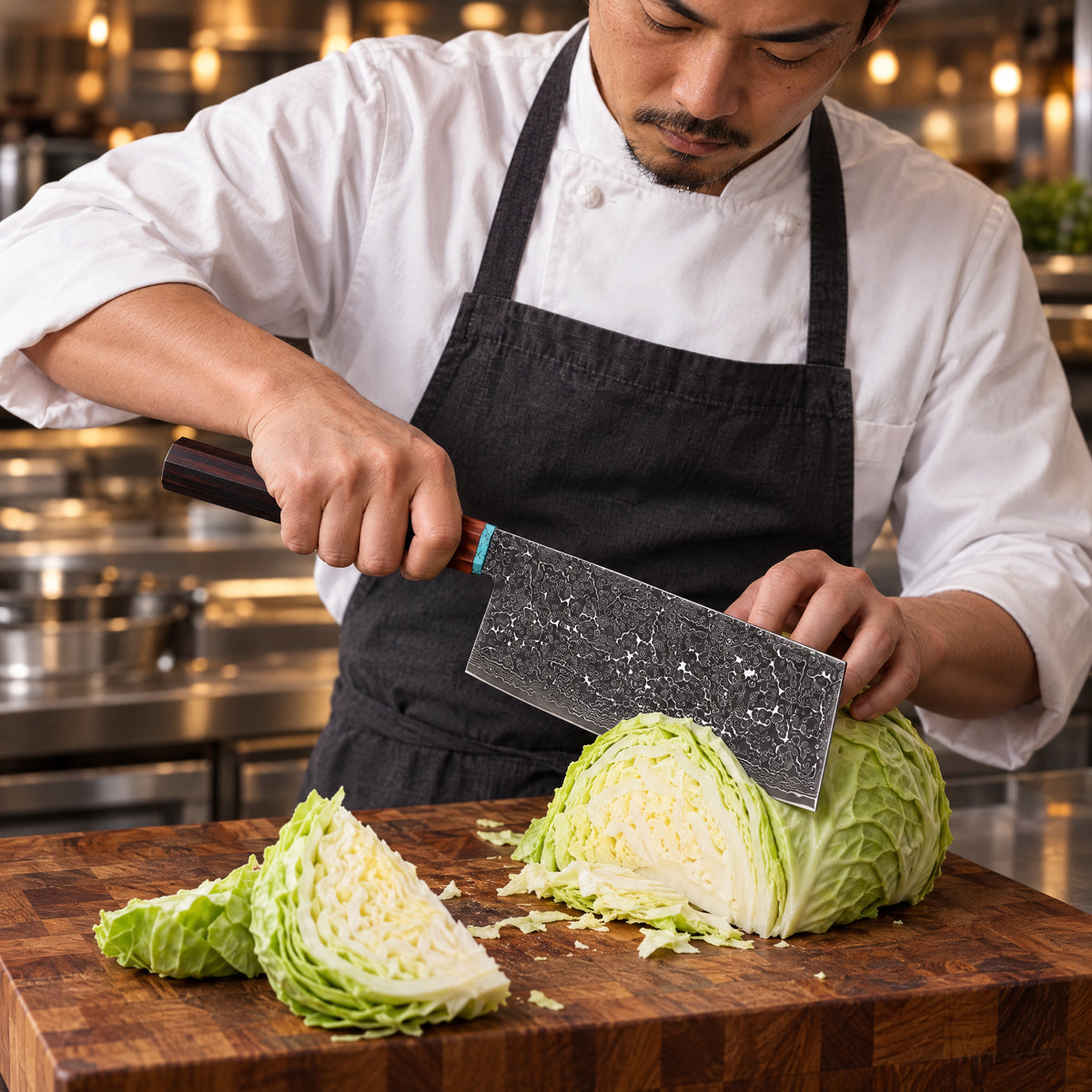 A Japanese chef using the Isamu Vegetable Cleaver Knife on a wooden cutting board in a professional kitchen