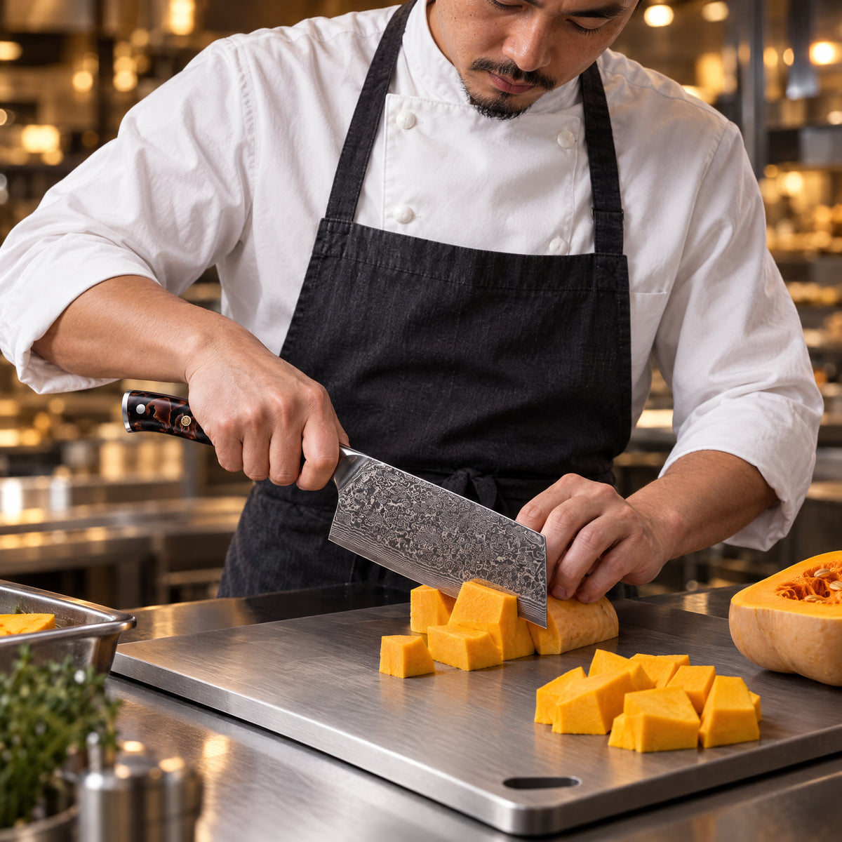A Japanese chef using the Kongo Vegetable Cleaver Knife on a titanium cutting board in a professional kitchen