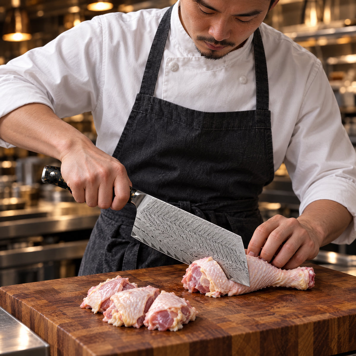 A Japanese chef using the Kogane Vegetable Cleaver Knife on a wooden cutting board in a professional kitchen