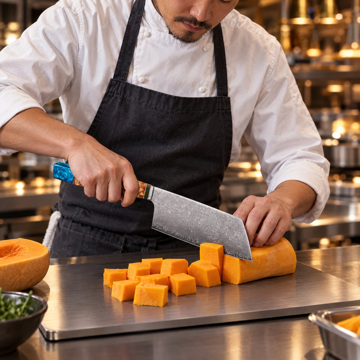 A Japanese chef using the Suijin Kiritsuke Cleaver Knife on a titanium cutting board in a professional kitchen