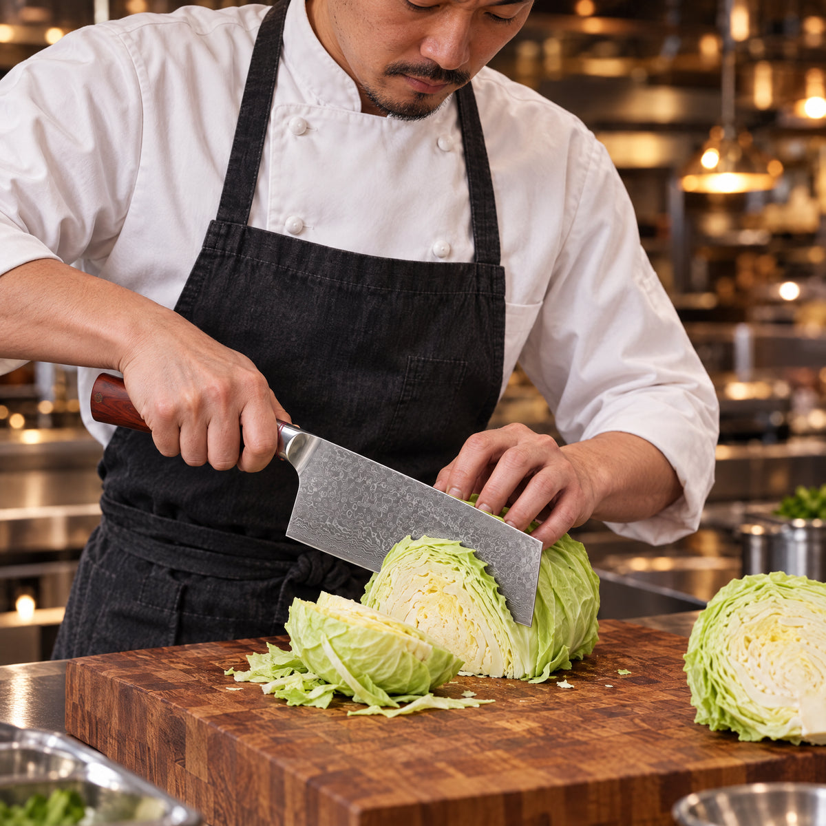 A Japanese chef using the Takamori Vegetable Cleaver Knife on a wooden cutting board in a professional kitchen