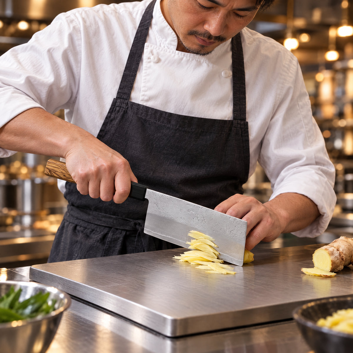 A Japanese chef using the Tenku Cleaver Knife on a titanium cutting board in a professional kitchen