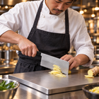 A Japanese chef using the Tenku Cleaver Knife on a titanium cutting board in a professional kitchen