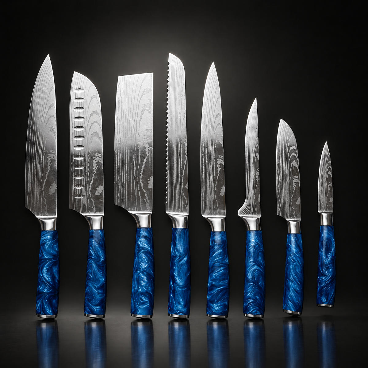 Japanese Damascus Knife Set – 8-Piece Balanced Profile