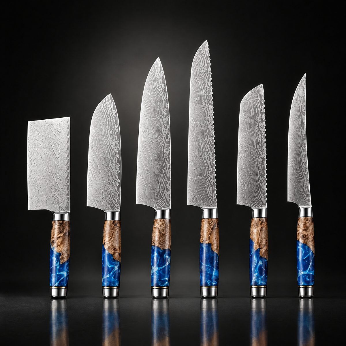 Limited Edition Japanese Damascus Knife Set – 6-Piece Saphire Series