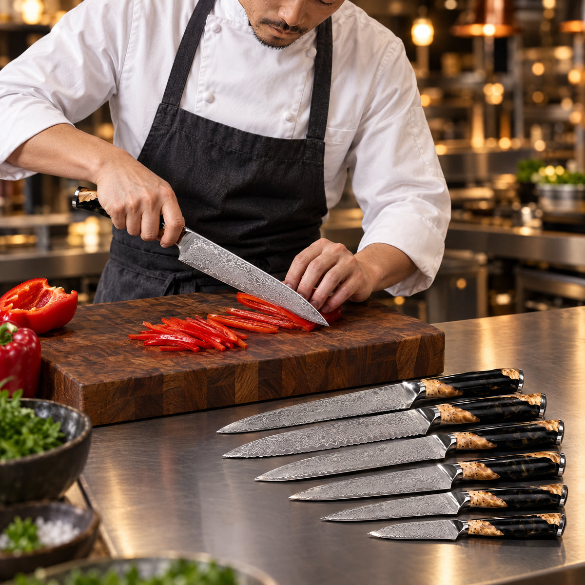 A Japanese chef using the Tsukikage 6-Piece Knife Set on a wooden cutting board in a professional kitchen