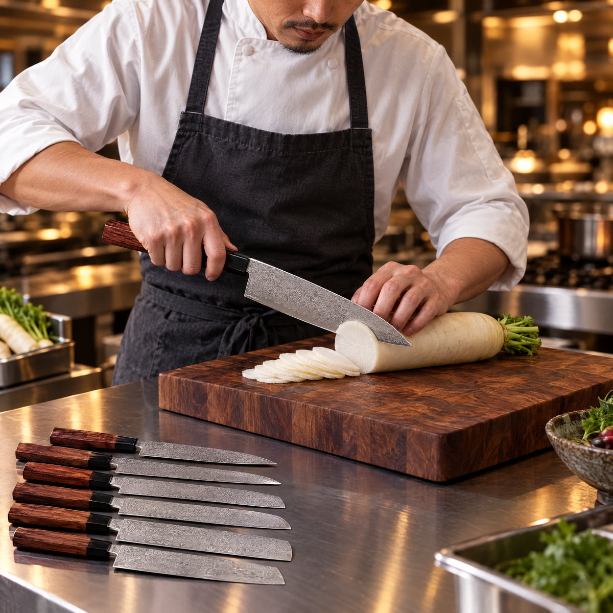 A Japanese chef using the Kenshin Damascus Knife Set on a wooden cutting board in a professional kitchen