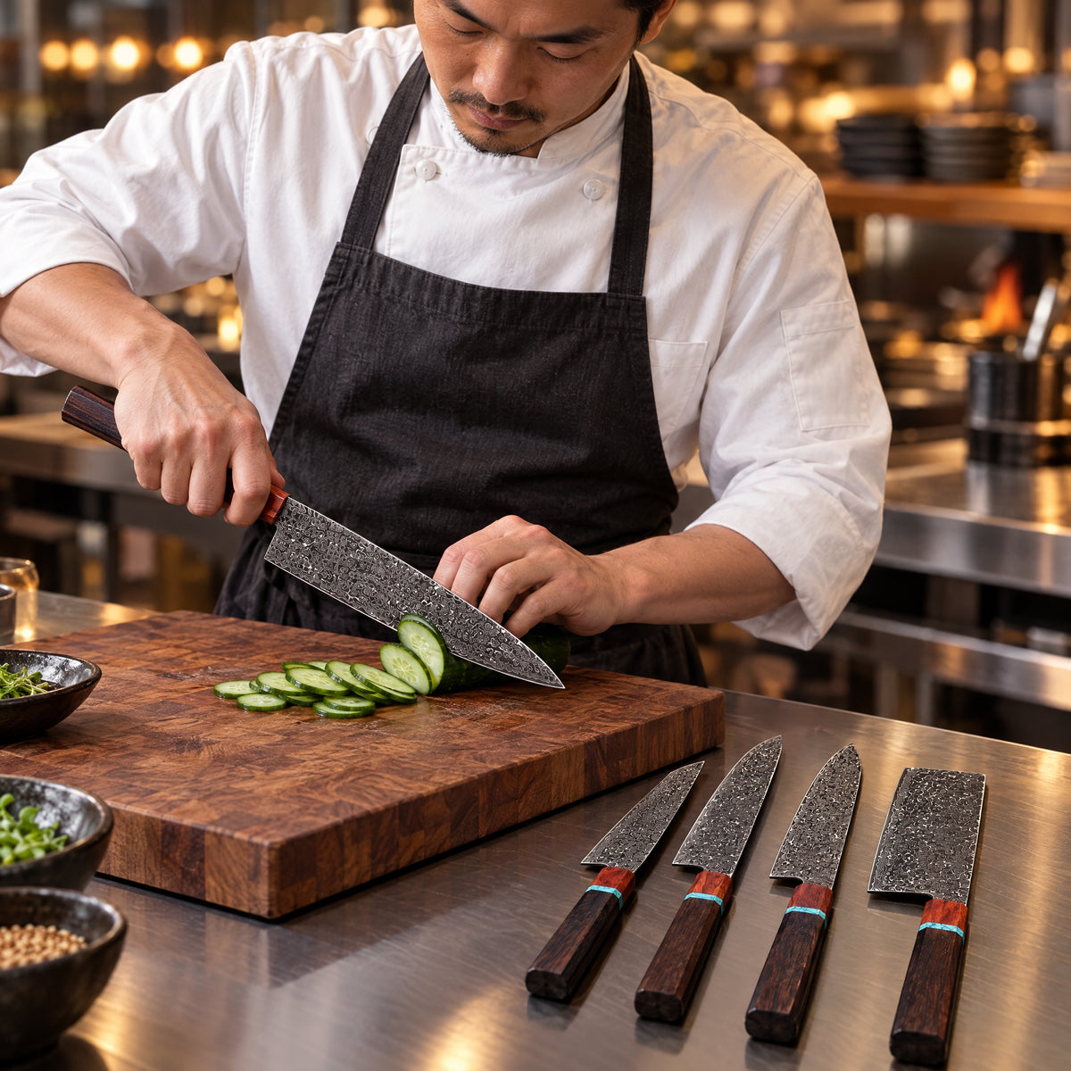 A Japanese chef using the Isamu 5-Piece Knife Set on a wooden cutting board in a professional kitchen