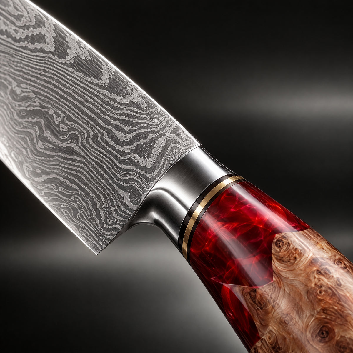 Close-up of the akagi 2-piece knife set (gyuto & petty) blade and handle