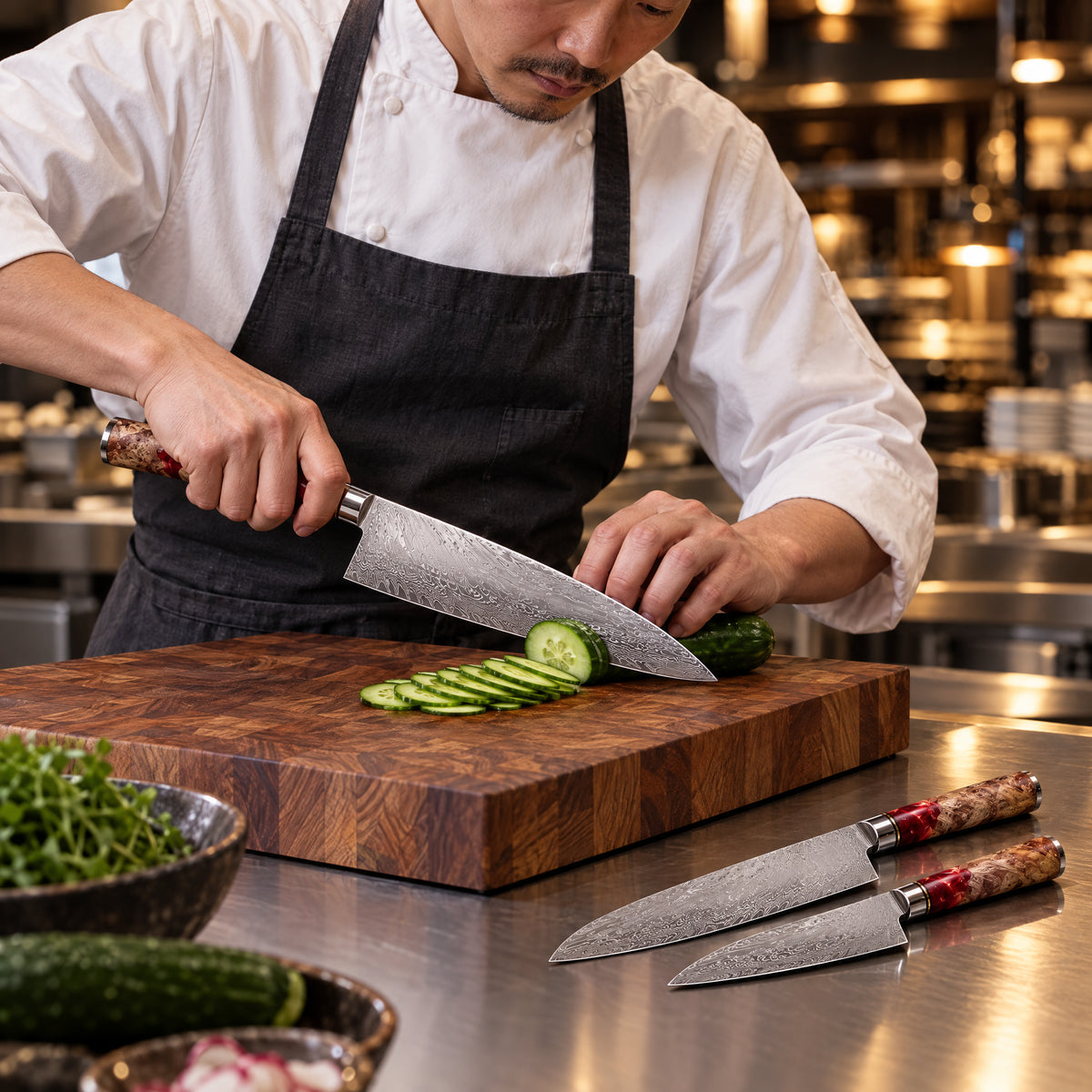 A Japanese chef using the Akagi 3-Piece Knife Set (Gyuto, Nakiri & Petty) on a wooden cutting board in a professional kitchen