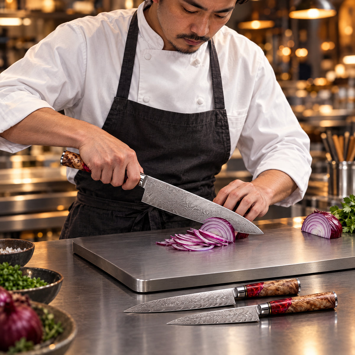 A Japanese chef using the Akagi 2-Piece Knife Set (Gyuto & Petty) on a titanium cutting board in a professional kitchen