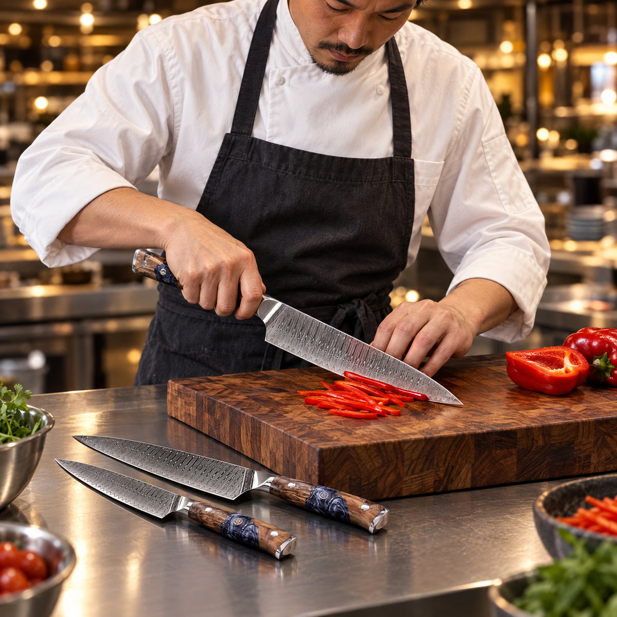 A Japanese chef using the Haku 2-Piece Knife Set (Gyuto & Petty) on a wooden cutting board in a professional kitchen