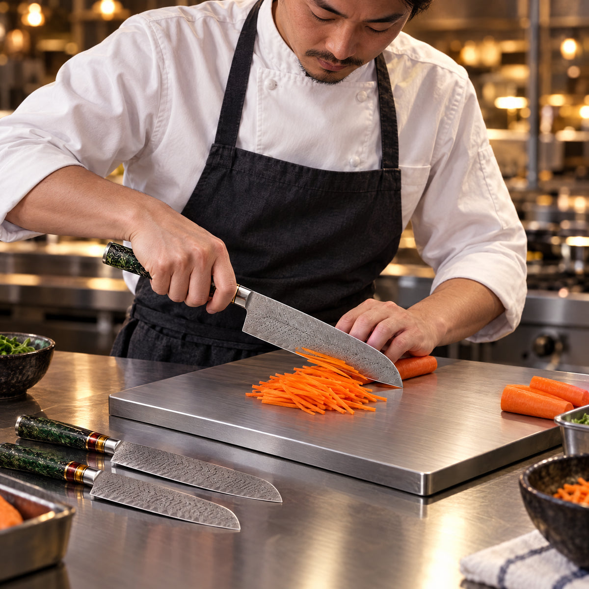 A Japanese chef using the Daigo 2-Piece Knife Set (Santoku & Nakiri) on a titanium cutting board in a professional kitchen