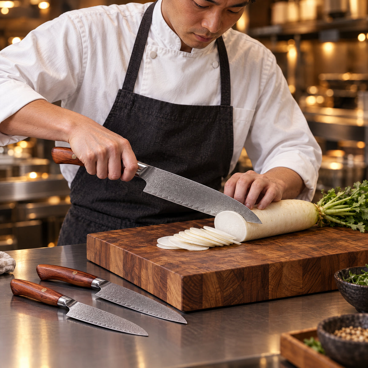A Japanese chef using the Asama 3-Piece Knife Set on a wooden cutting board in a professional kitchen