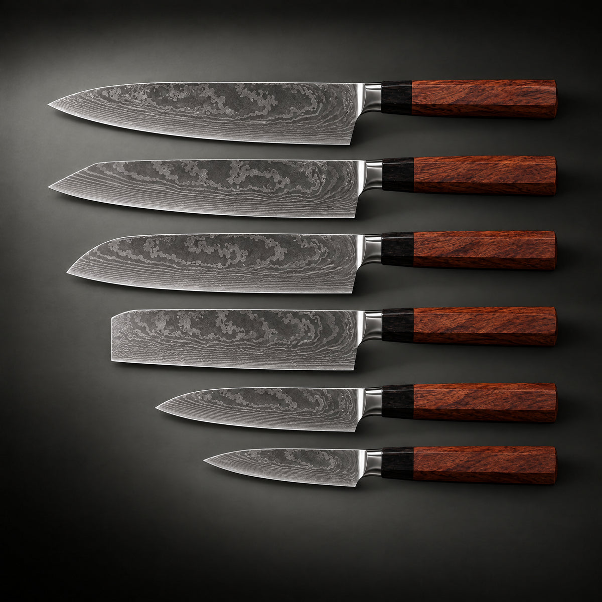 Kenshin Damascus Knife Set, full side profile