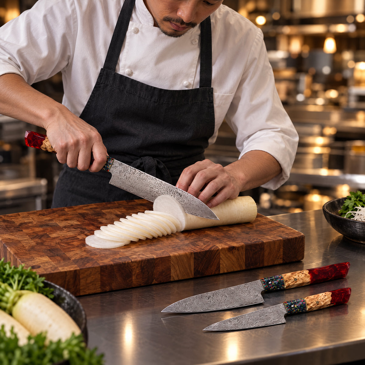 A Japanese chef using the Akatsuki 2-Piece Knife Set (Gyuto & Utility) on a wooden cutting board in a professional kitchen