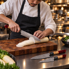 A Japanese chef using the Akatsuki 2-Piece Knife Set (Gyuto & Utility) on a wooden cutting board in a professional kitchen