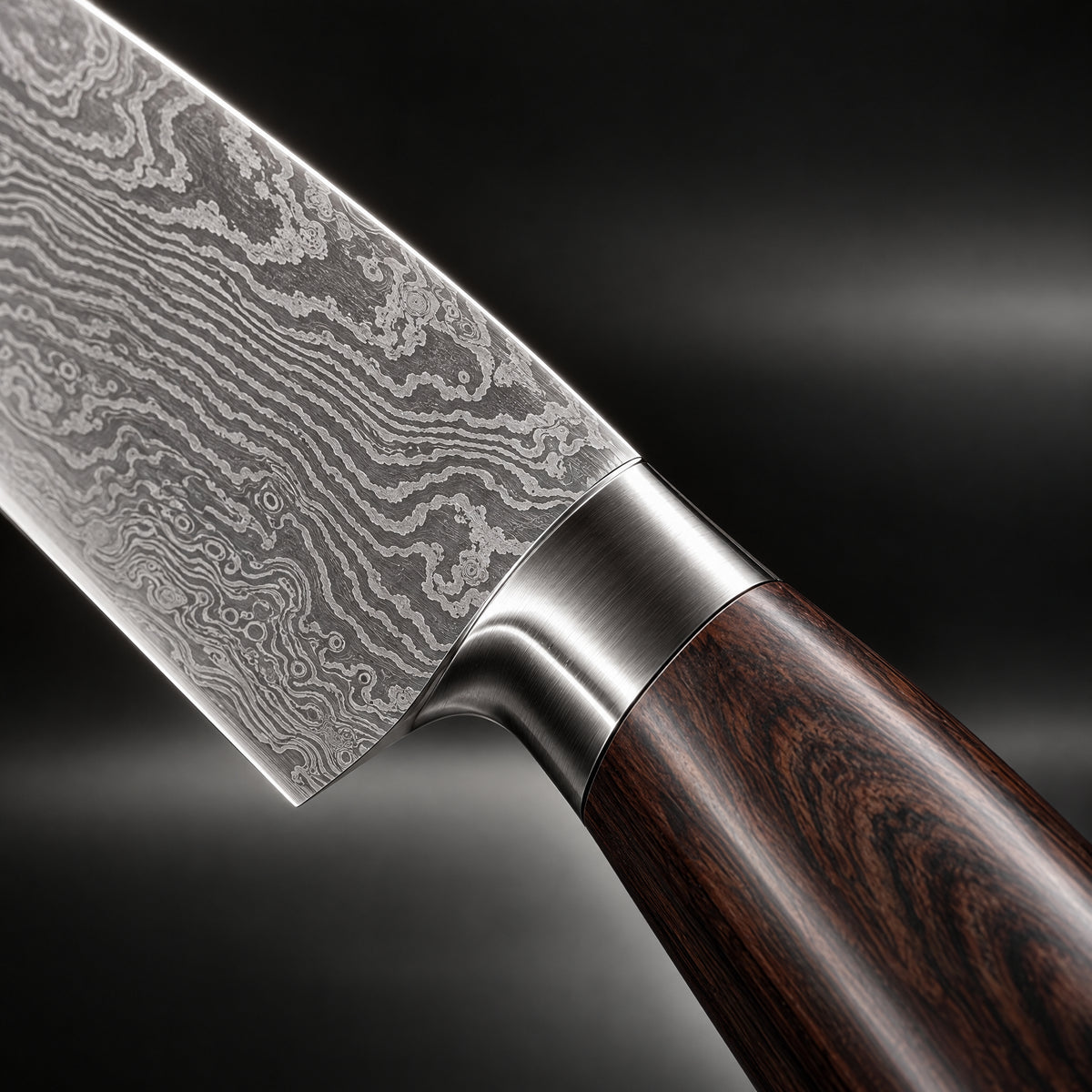 Close-up of the hakugin damascus knife set blade and handle