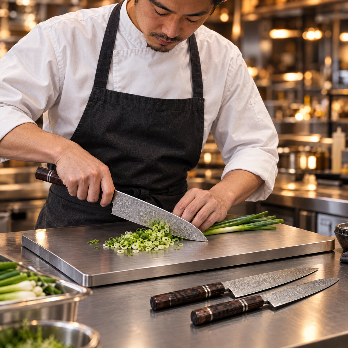 A Japanese chef using the Hakugin Damascus Knife Set on a titanium cutting board in a professional kitchen