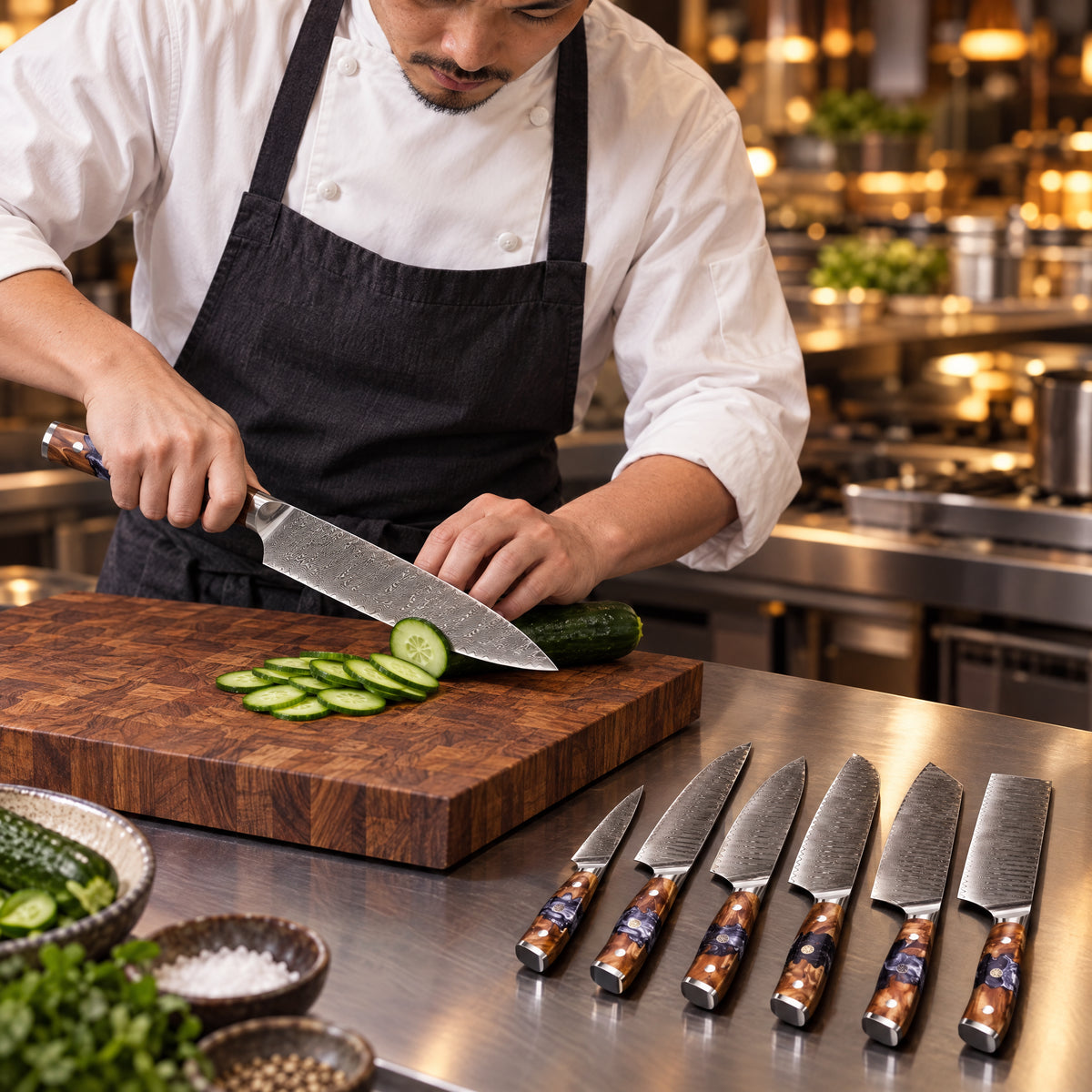 A Japanese chef using the Haku Damascus Knife Set on a wooden cutting board in a professional kitchen