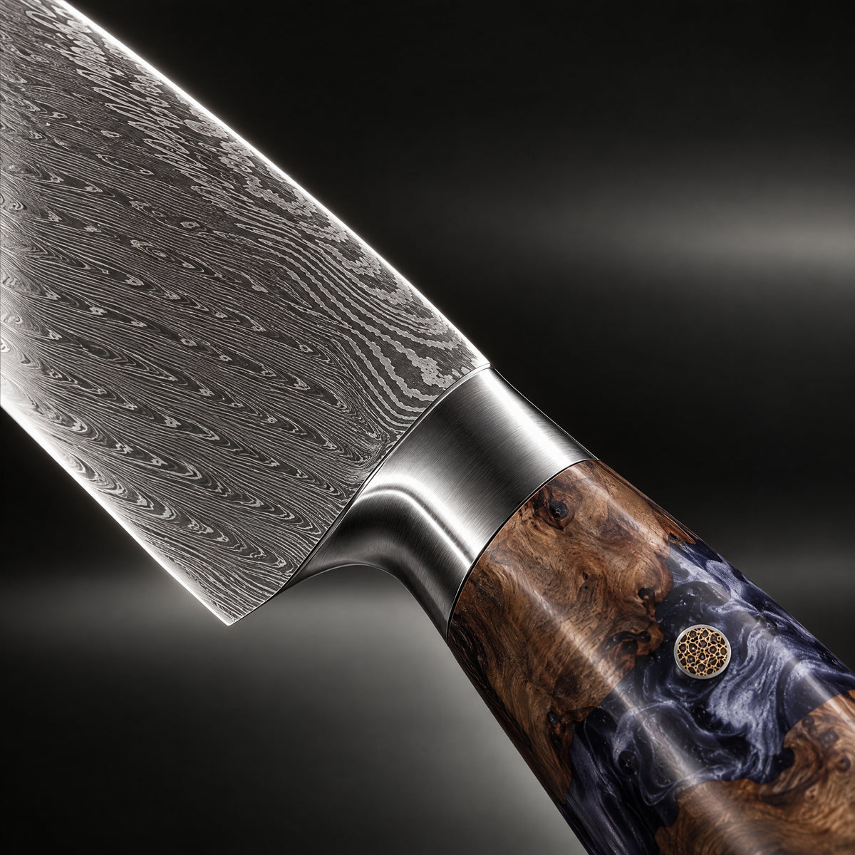 Close-up of the haku damascus knife set blade and handle