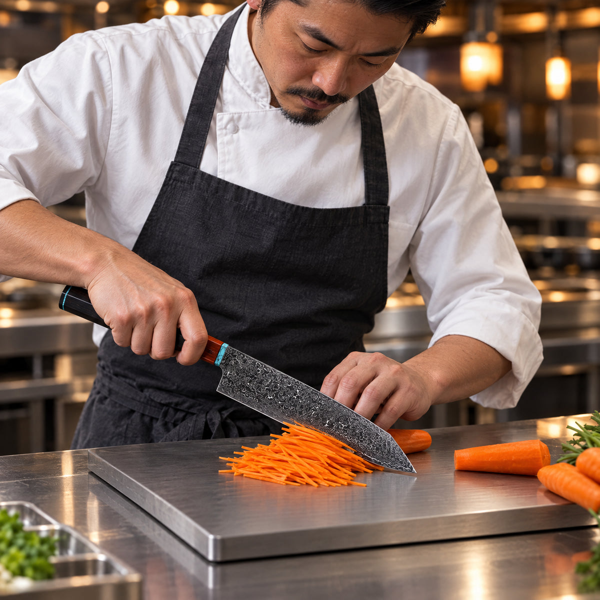A Japanese chef using the Arashi Bunka Knife on a titanium cutting board in a professional kitchen