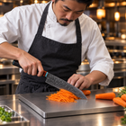 A Japanese chef using the Arashi Bunka Knife on a titanium cutting board in a professional kitchen