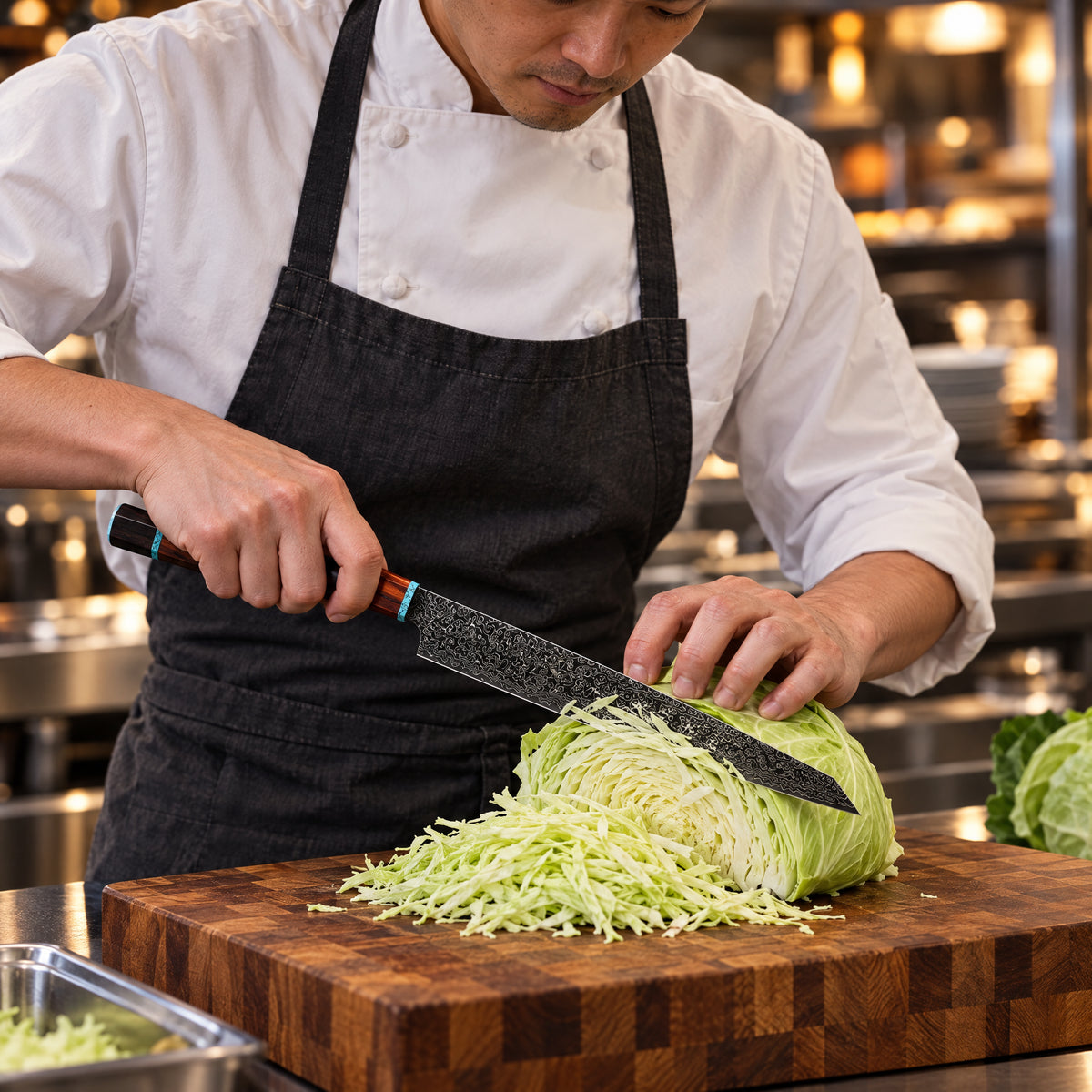 A Japanese chef using the Arashi K-Tip Slicing Knife on a wooden cutting board in a professional kitchen