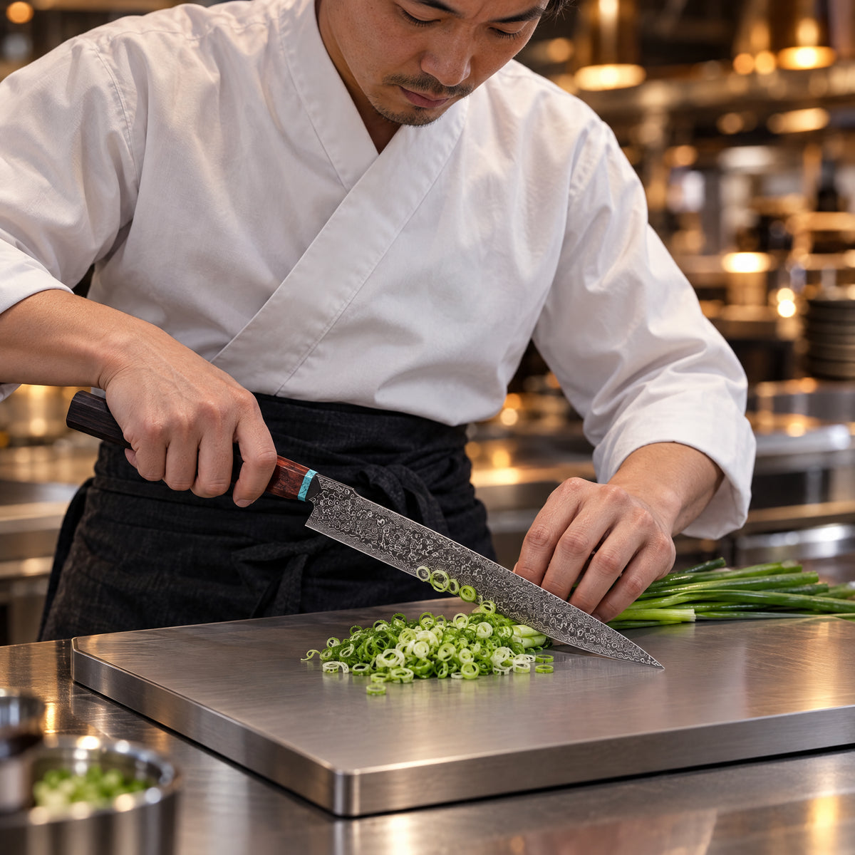 A Japanese chef using the Isamu Sujihiki Slicing Knife on a titanium cutting board in a professional kitchen