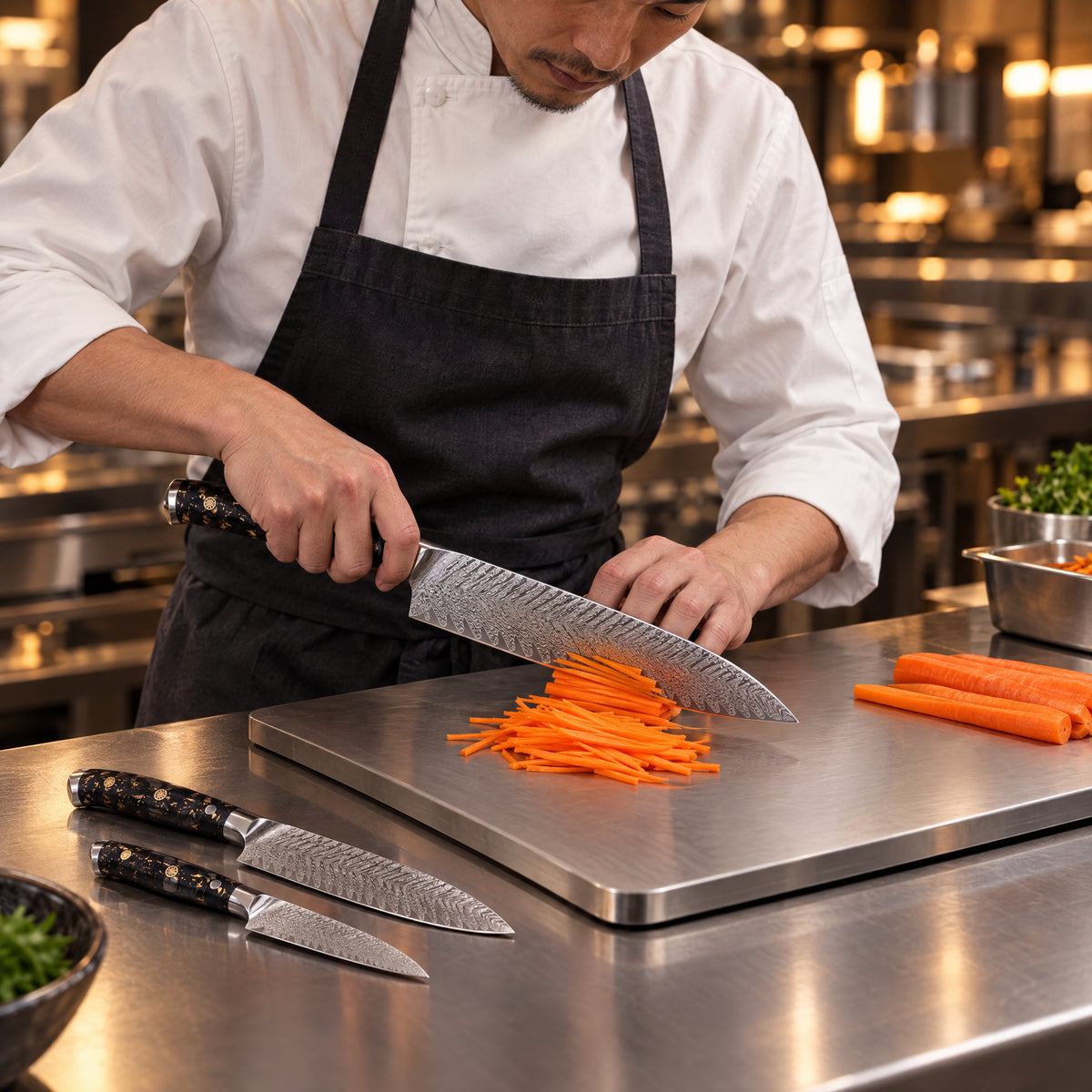 A Japanese chef using the Kogane 2-Piece Knife Set (Gyuto & Utility) on a titanium cutting board in a professional kitchen