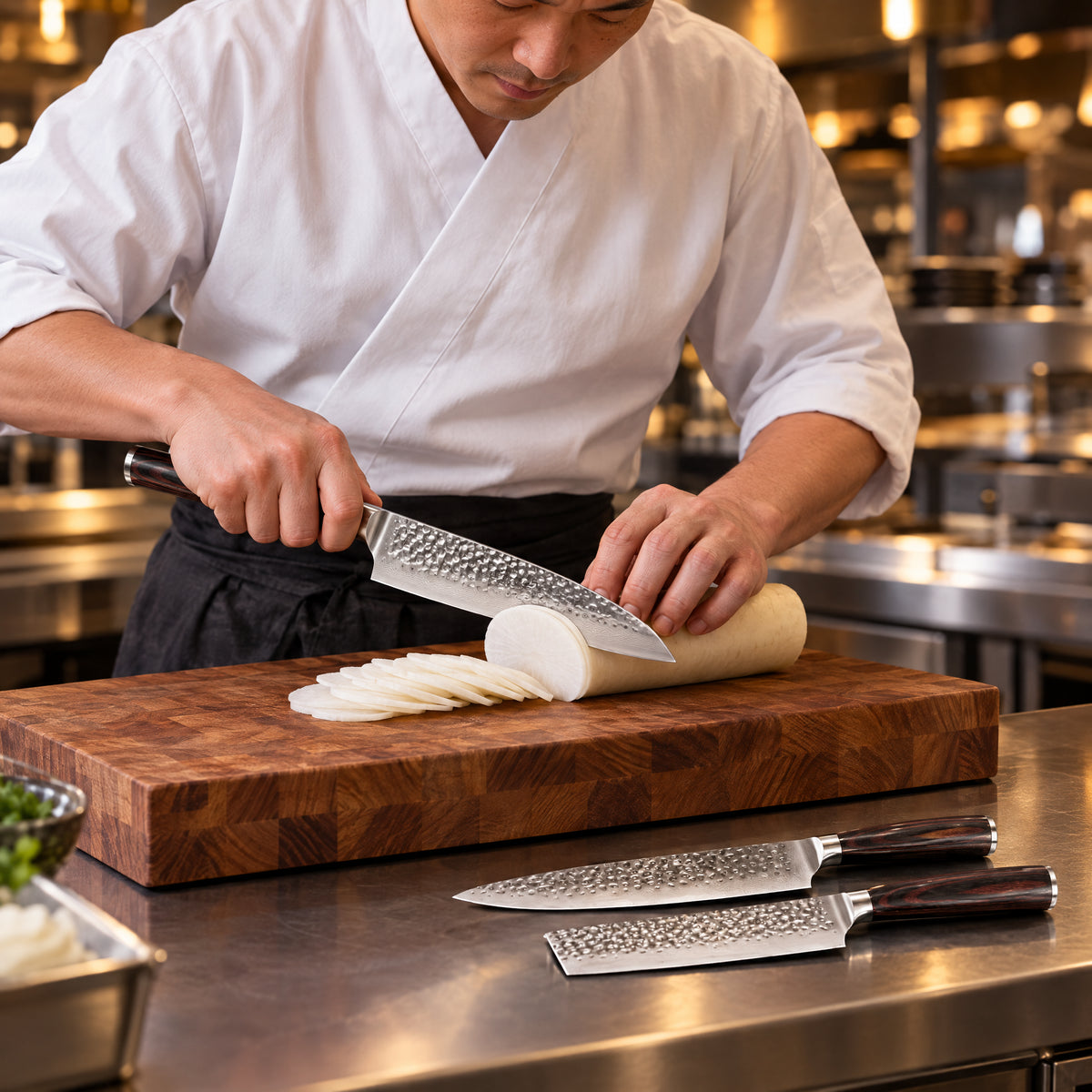 A Japanese chef using the Classic 3-Piece Knife Set on a wooden cutting board in a professional kitchen