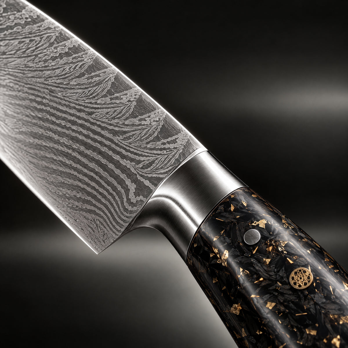 Close-up of the kogane 2-piece knife set (gyuto & utility) blade and handle