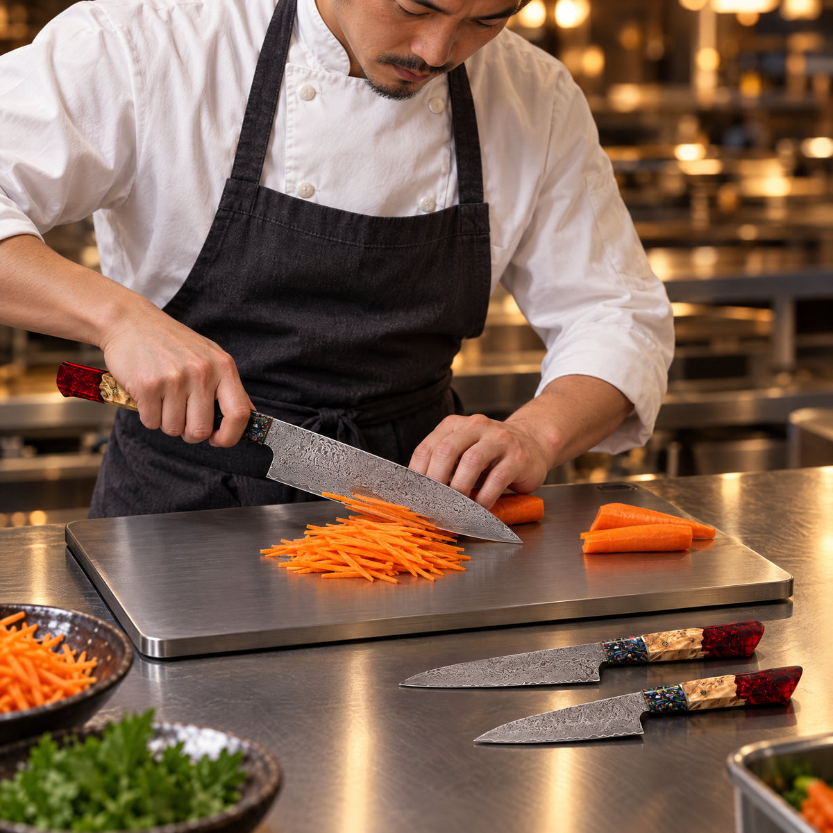 A Japanese chef using the Akatsuki 3-Piece Knife Set (Gyuto, Nakiri & Utility) on a titanium cutting board in a professional kitchen