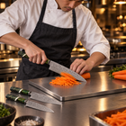 A Japanese chef using the Ibuki 3-Piece Knife Set (Gyuto, Nakiri & Utility) on a titanium cutting board in a professional kitchen