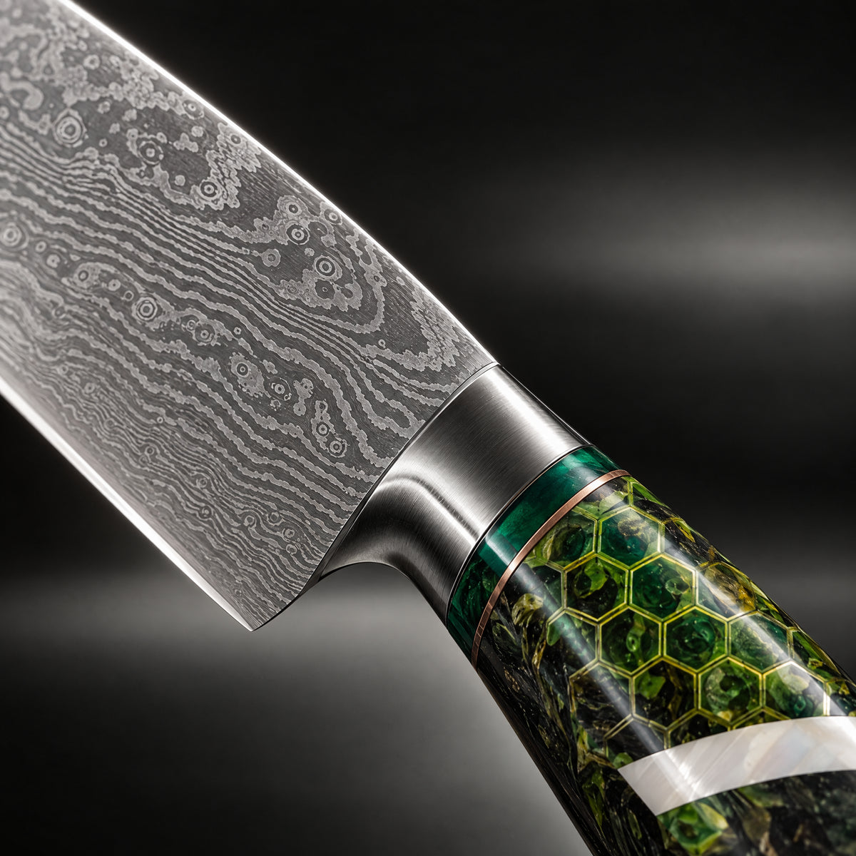 Close-up of the ibuki 3-piece knife set (gyuto, nakiri & utility) blade and handle