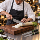 A Japanese chef using the Ibuki 2-Piece Knife Set (Gyuto & Utility) on a wooden cutting board in a professional kitchen