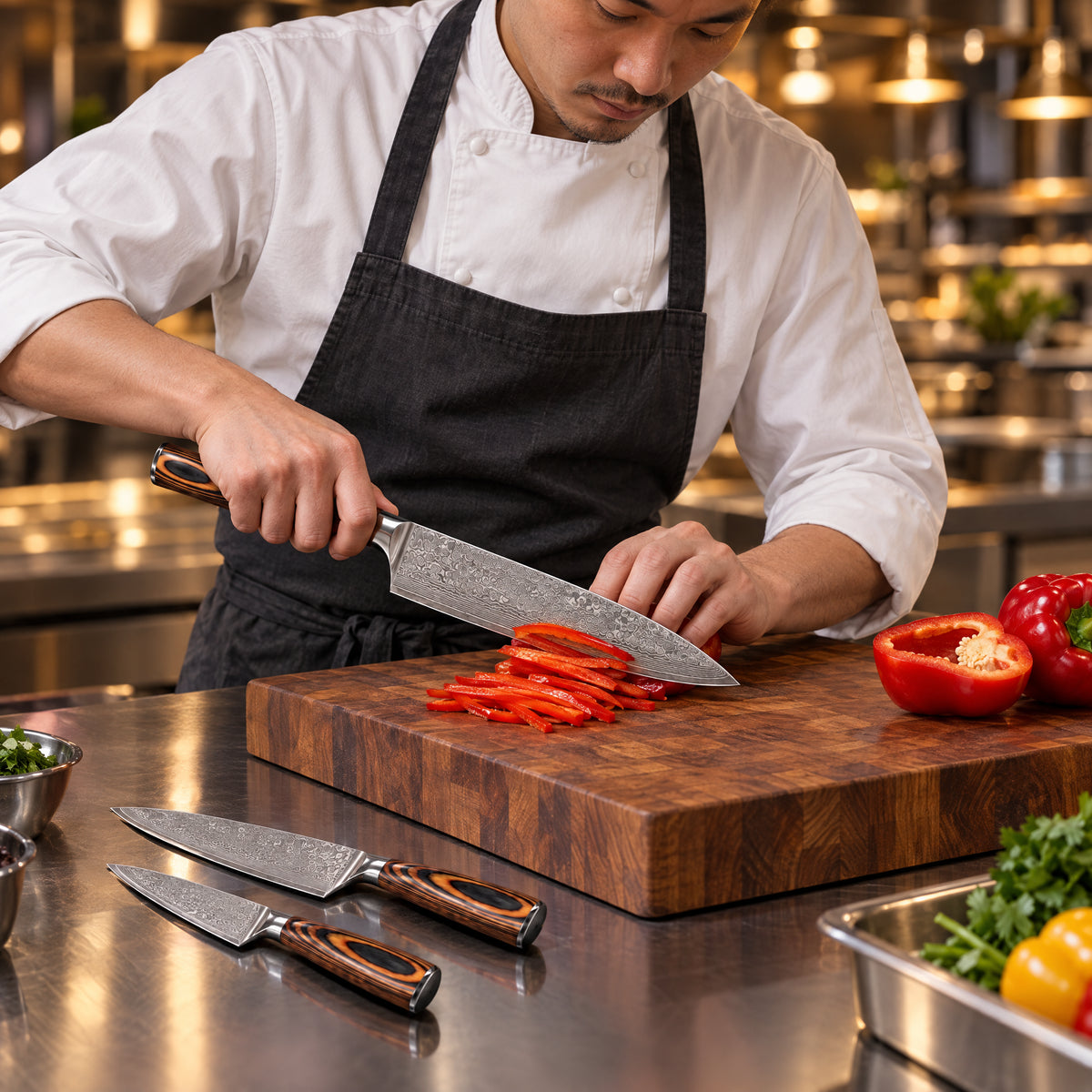 A Japanese chef using the Asahi 2-Piece Knife Set (Gyuto & Petty) on a wooden cutting board in a professional kitchen