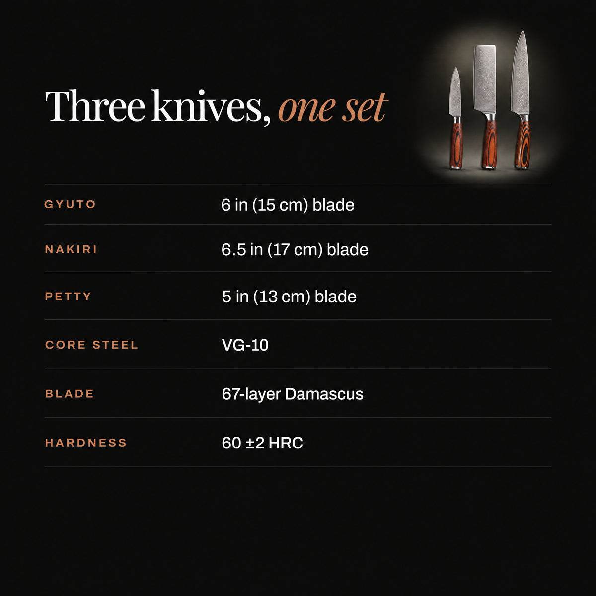 Asahi 3-Piece Knife Set (Gyuto, Nakiri & Petty) specifications
