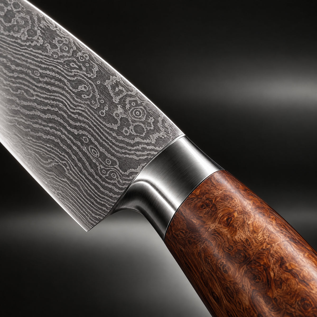 Close-up of the katsura 3-piece knife set (gyuto, nakiri & petty) blade and handle