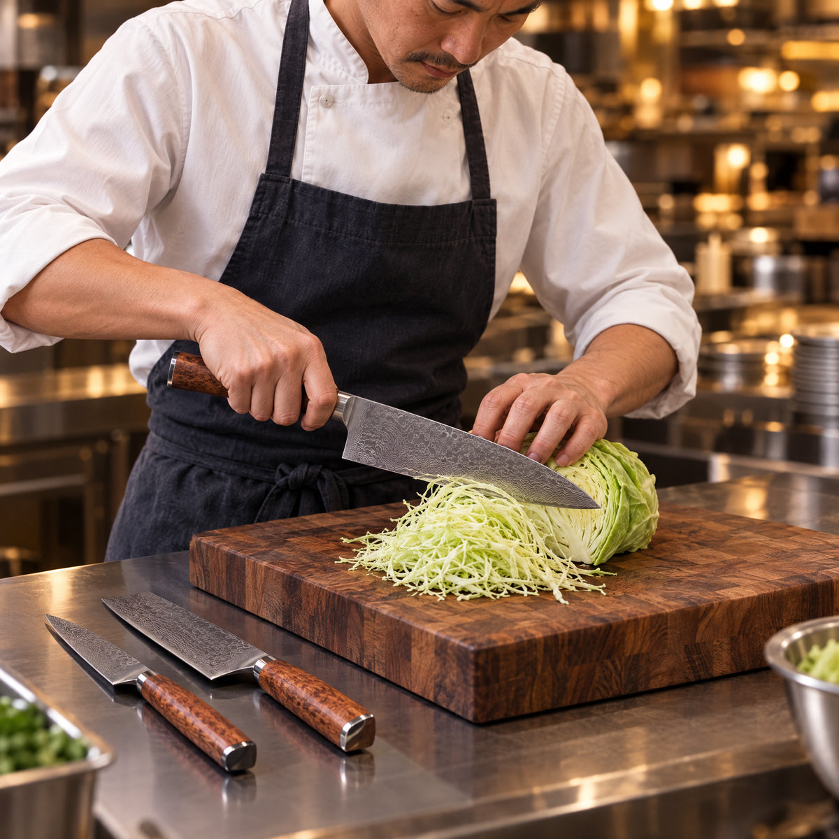 A Japanese chef using the Katsura 3-Piece Knife Set (Gyuto, Nakiri & Petty) on a wooden cutting board in a professional kitchen