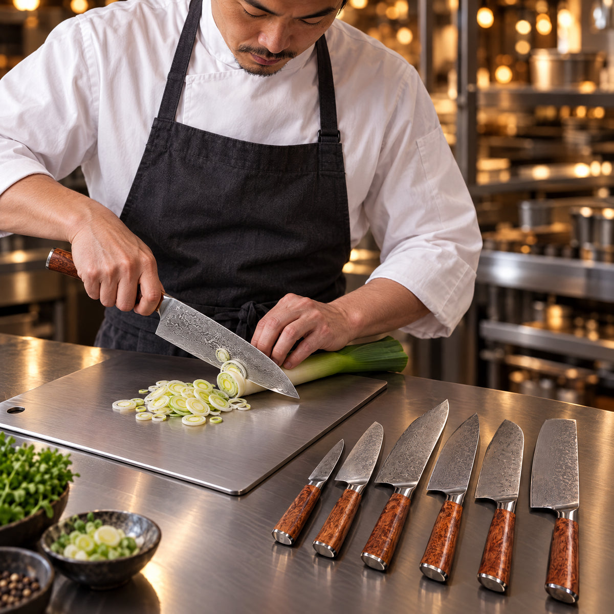 A Japanese chef using the Katsura Damascus Knife Set on a titanium cutting board in a professional kitchen