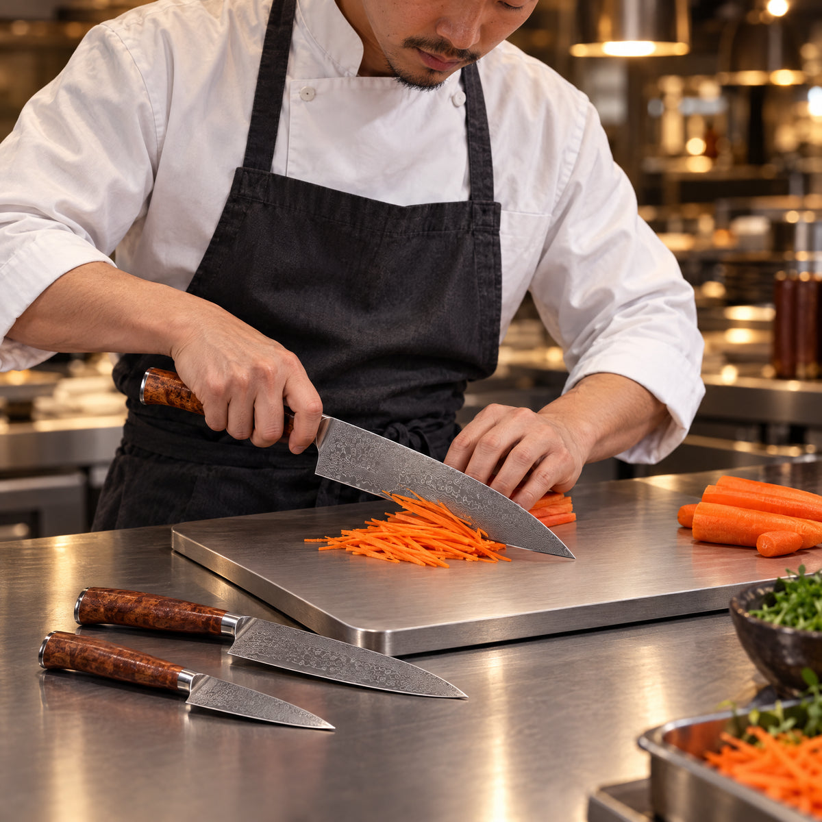 A Japanese chef using the Katsura 2-Piece Knife Set (Gyuto & Petty) on a titanium cutting board in a professional kitchen